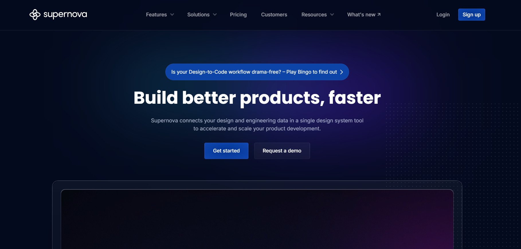 Imagem do site do Supernova, exibindo um fundo escuro e apresentando a proposta de conectar design e engenharia para acelerar o desenvolvimento de produtos, com o texto 