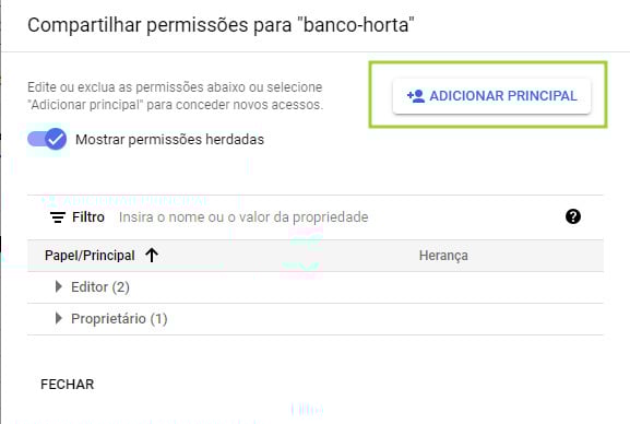 Imagem da tela de compartilhamento de uma conexão externa no BigQuery. O botão “Adicionar principal” está destacado por um retângulo.