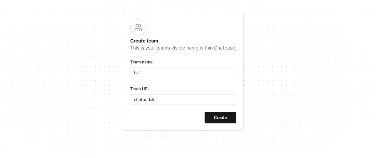 Tela de criação de equipe no Chatbase. Há campos para inserir o nome da equipe e o URL da equipe, preenchidos com 