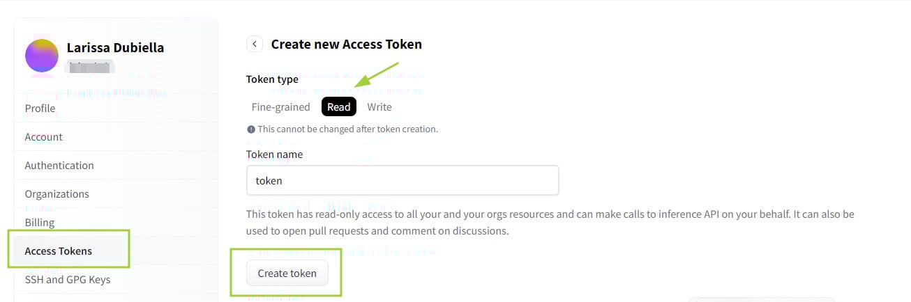 A imagem mostra a tela de criação de tokens de acesso no hugging face. Há uma seta apontando para a opção “Read” no menu 