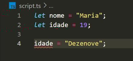Tela do editor de código Visual Studio Code, com o arquivo script.ts aberto, com quatro linhas. Na primeira há o seguinte código: let nome = 