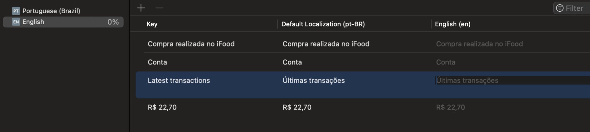 Tela de gerenciamento de traduções, mostrando a comparação entre textos em Português (Brasil) e Inglês para itens como 