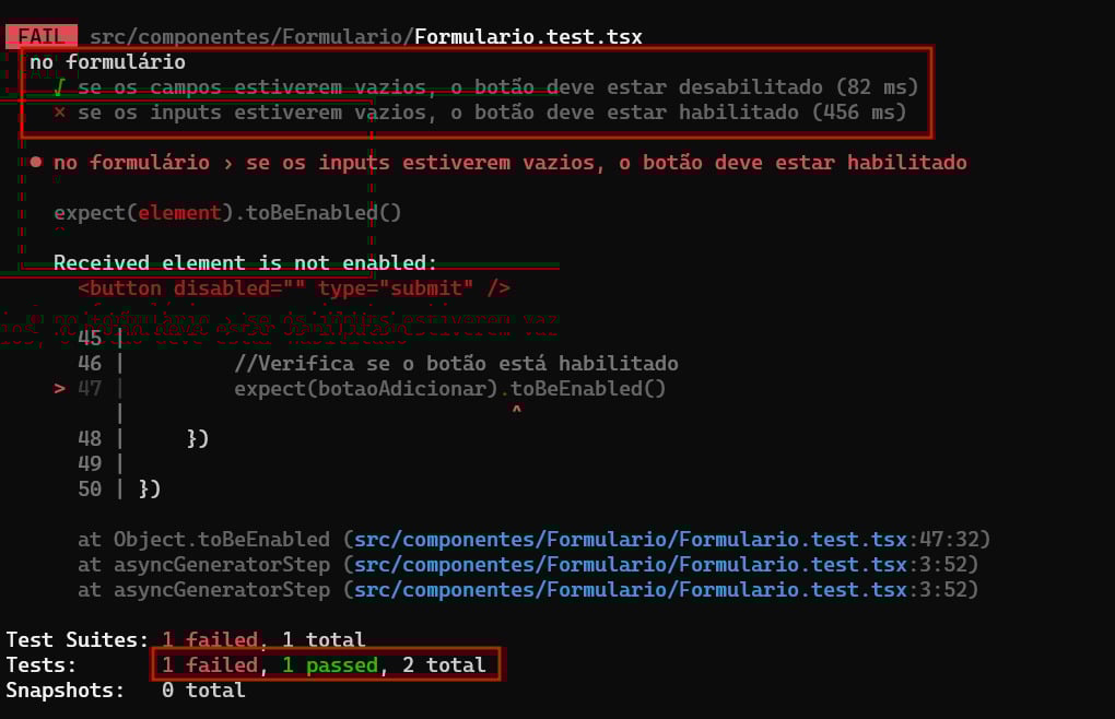 Linha de comando. Na parte superior está o agrupamento dos dois testes devido ao uso do describe. No meio está a mensagem de erro indicando o motivo da falha no teste. Na parte inferior temos a quantidade de testes aprovados ou reprovados.