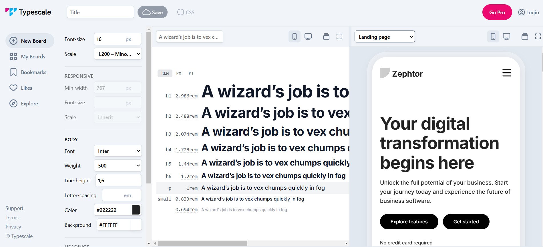 A imagem apresenta uma ferramenta para definir escalas tipográficas. O Typescale exibe uma interface com opções para configurar tamanhos de fonte, peso, espaçamento e hierarquia tipográfica, além de uma pré-visualização responsiva aplicada a um layout de página.