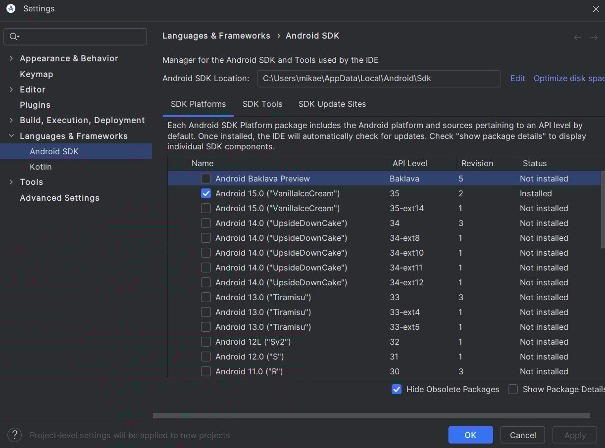 Tela de configurações do Android Studio exibindo o gerenciador do Android SDK. A lista mostra diferentes versões do Android, incluindo 