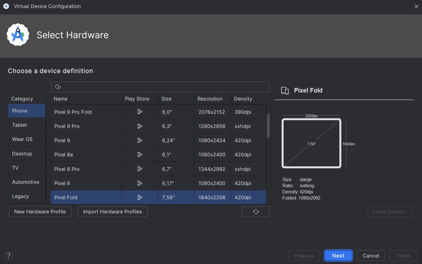 Tela de configuração de dispositivo virtual no Android Studio, exibindo a seleção de hardware. A opção escolhida é 