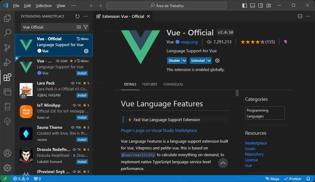 Extensão Vue - Official, pacote de suporte de linguagem Vue.