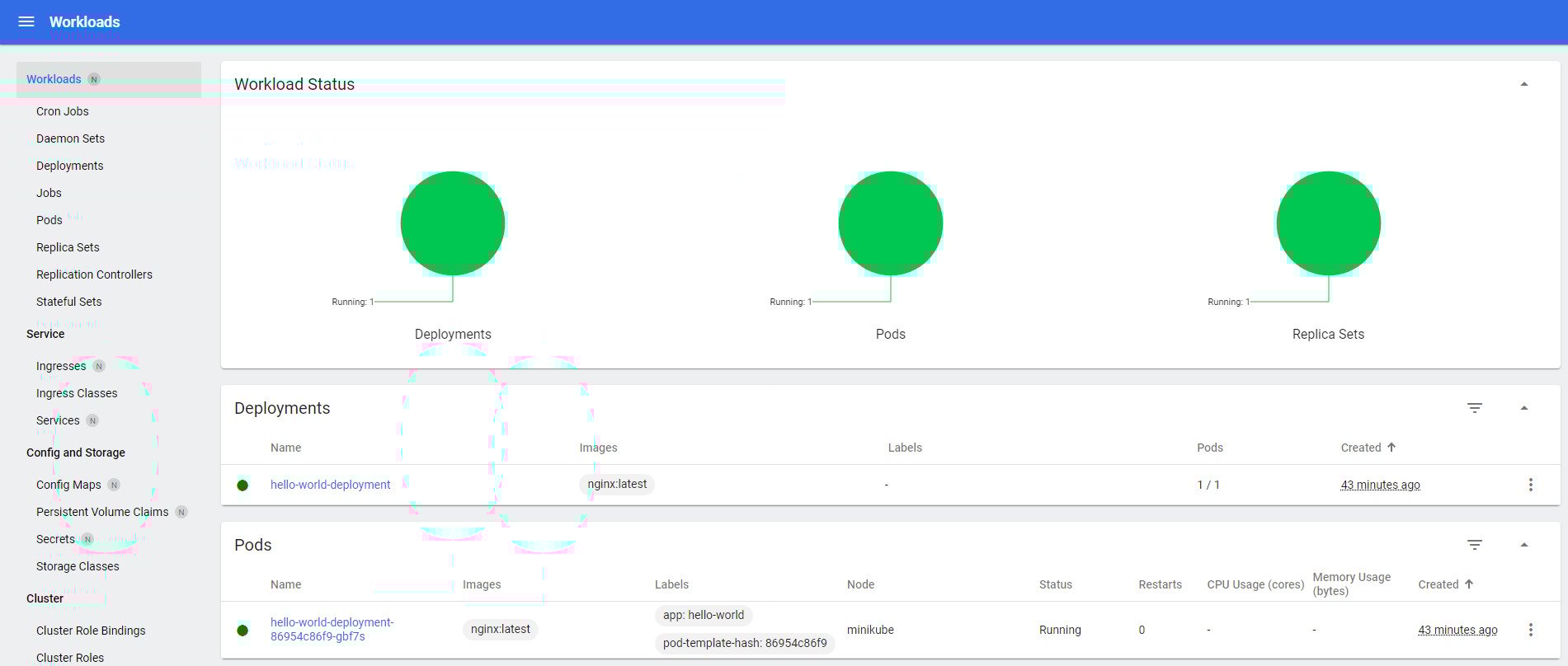 Painel de controle Kubernetes na aba 'Workloads'. A seção 'Workload Status' mostra três indicadores para 'Deployments', 'Pods' e 'Replica Sets', cada um indicando um item em execução..