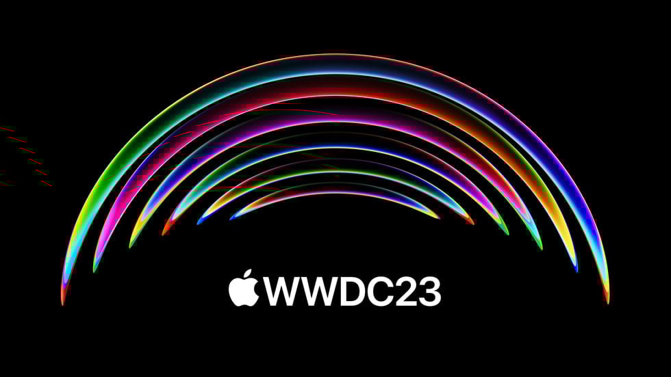 Imagem que tem um arco colorido e, abaixo, o logotipo da Apple e a sigla “WWDC23” em um fundo preto.