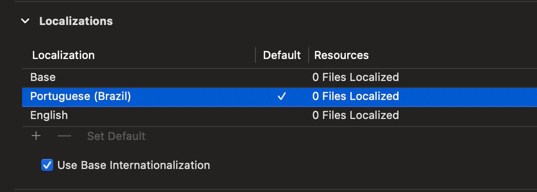 A imagem exibe as configurações de localização no Xcode, onde o idioma 