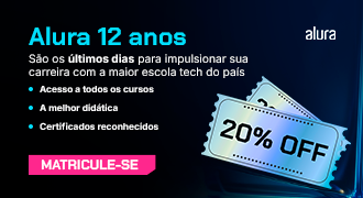 Banner promocional da Alura com fundo azul escuro. No topo, o logotipo da Alura. O texto diz: “O presente é SEU. Chegou o Aniversário da Alura e preparamos uma surpresa PARA VOCÊ. 20% OFF para estudar na Alura. Válido de 12 a 23 de maio”. Abaixo, um botão rosa com a frase “APROVEITE O DESCONTO”. Na parte inferior do banner, há a imagem de uma caixa de presente azul com laço brilhante.