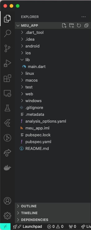 Imagem que mostra a estrutura de arquivos no Flutter na interface do Visual Studio, além de botões e opções de configurações adicionais