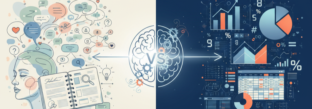 A esquerda elementos em tons pastel, como um rosto esboçado com balões de fala e um diário aberto, simbolizando emoções e narrativas. O lado direito exibe gráficos, números e um dashboard digital em tons vibrantes de azul e laranja, representando precisão e estatísticas. No centro, um cérebro estilizado e o símbolo 'VS' unem e comparam os dois tipos de dados.
