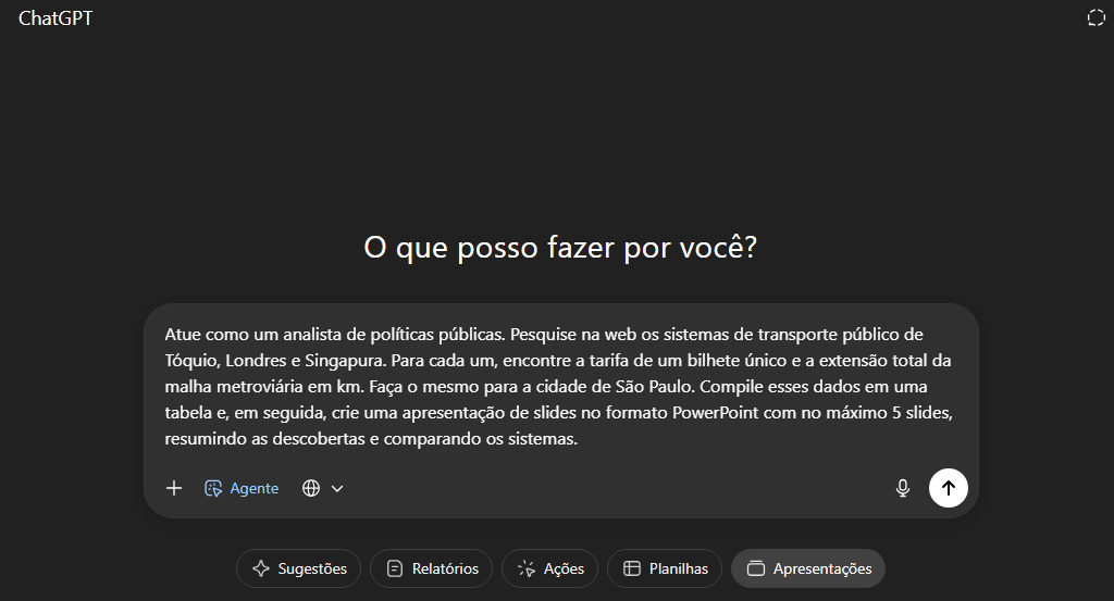 Print da tela do modo agente com o prompt sugerido, mostrando a tela anterior ao navegador virtual.