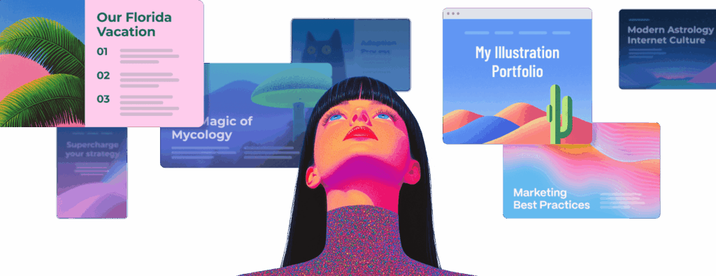 Uma mulher com cabelo preto olhando para cima, com diversos cartões de apresentação coloridos e modernos flutuando ao redor dela, representando ideias e projetos criados no Gamma.