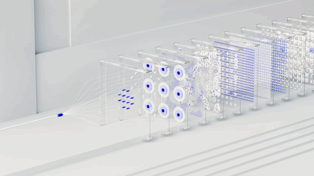 Diagrama abstrato tridimensional com camadas translúcidas e elementos em azul, representando a arquitetura de um sistema de inteligência artificial ou as diferentes camadas de processamento de um agente de IA.