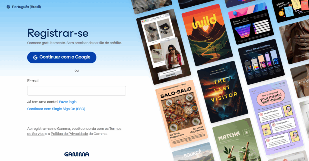 Interface do site Gamma exibindo a tela de registro.