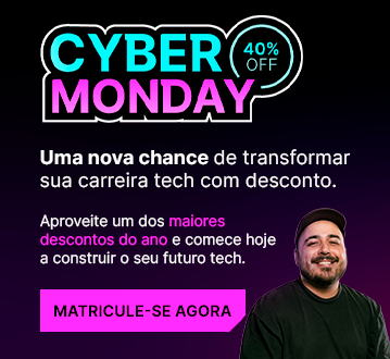 Banner promocional da Alura anunciando a promoção de Cyber Monday com 40% de desconto. A mensagem convida a aproveitar uma nova chance de transformar a carreira em tecnologia, destacando que é um dos maiores descontos do ano. A imagem traz um botão com a chamada “Matricule-se agora” e reforça o incentivo para começar a estudar hoje e construir o futuro profissional na área tech.