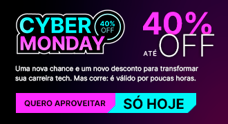 Banner promocional da Alura anunciando a promoção de Cyber Monday com 40% de desconto. A mensagem convida a aproveitar uma nova chance de transformar a carreira em tecnologia, destacando que é um dos maiores descontos do ano. A imagem traz um botão com a chamada “Matricule-se agora” e reforça o incentivo para começar a estudar hoje e construir o futuro profissional na área tech.