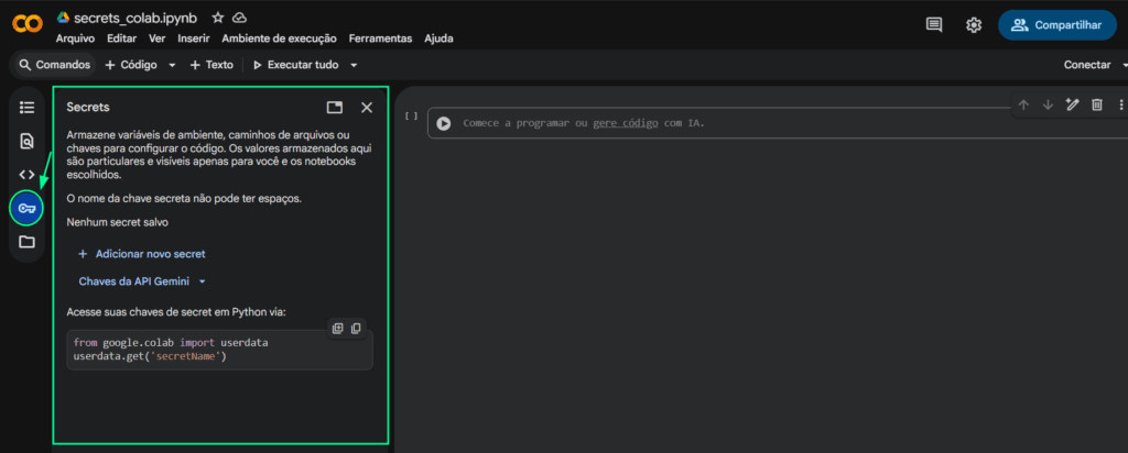 Interface do Google Colab com a aba "Secrets" aberta e vazia, antes de adicionar um novo segredo.