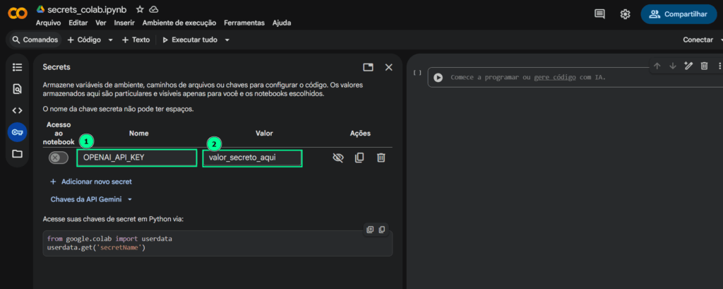 Interface de "Secrets" do Colab destacando os campos "Nome" (1) e "Valor" (2) para criar um novo segredo