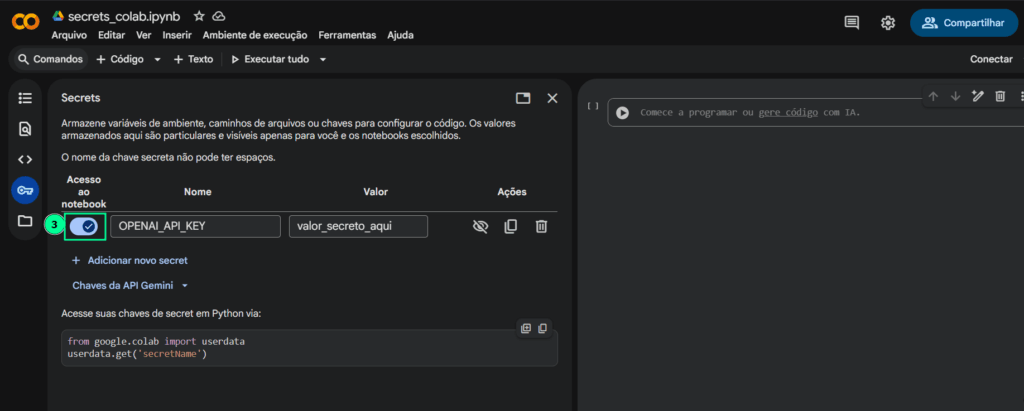 Interface de "Secrets" do Colab destacando o interruptor "Acesso ao notebook" (3) na posição "ligado".