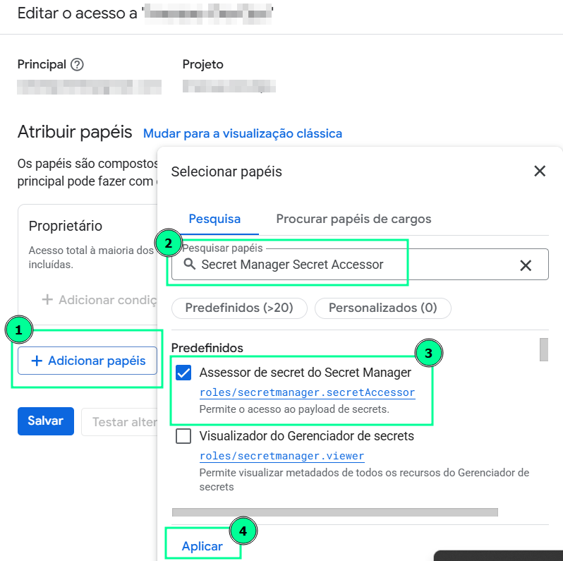 [Menu "Atribuir papéis" (IAM) do Google Cloud mostrando a busca e seleção do papel "Acessor de secret do Secret Manager".