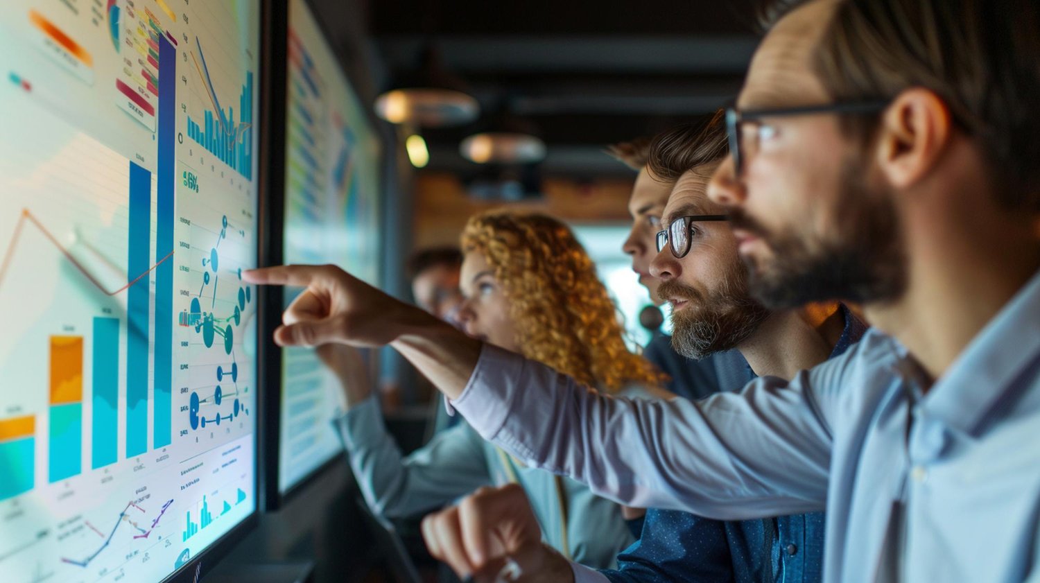 Pessoas olhando e estudando tabelas e gráficos enquanto trabalham. Área de growth marketing