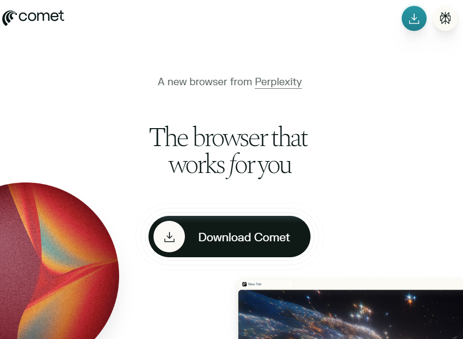 Página de download do navegador Comet da Perplexity, destacando o botão "Download Comet" e a frase "The browser that works for you