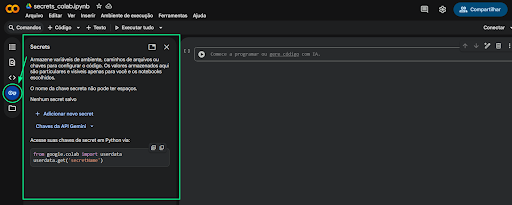 Interface do Google Colab com a aba "Secrets" aberta e vazia, antes de adicionar um novo segredo.