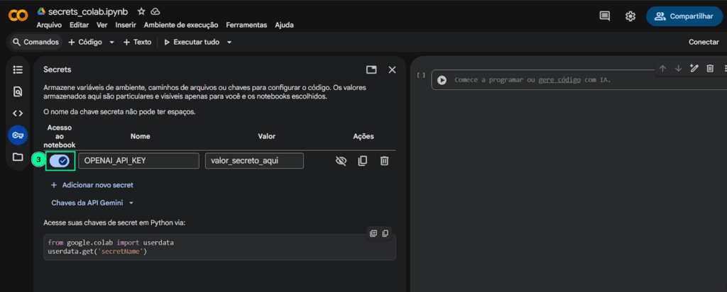 Interface de "Secrets" do Colab destacando o interruptor "Acesso ao notebook" (3) na posição "ligado".