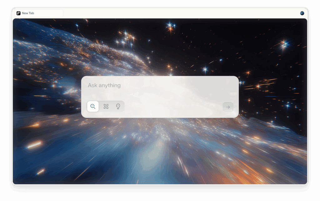 Tela de nova aba do navegador Comet, com um campo central para pesquisa ("Ask anything") sobre um fundo escuro que simula o espaço sideral.