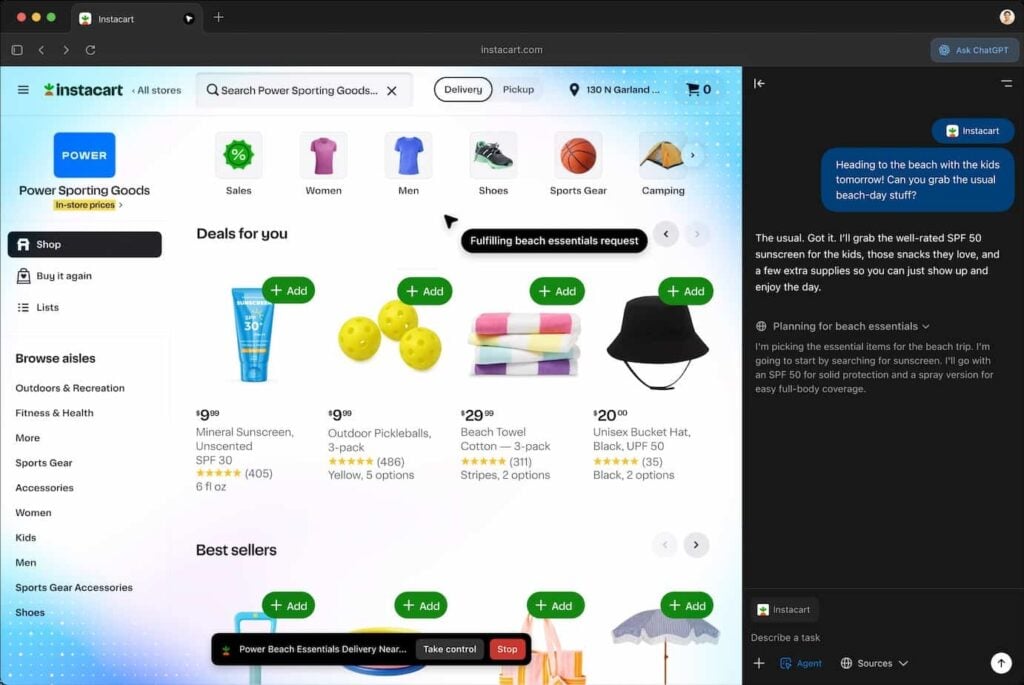 Captura de tela do navegador ChatGPT Atlas em 'Modo Agente', mostrando o site Instacart e a barra lateral do ChatGPT cumprindo a solicitação de compra de itens essenciais de praia.