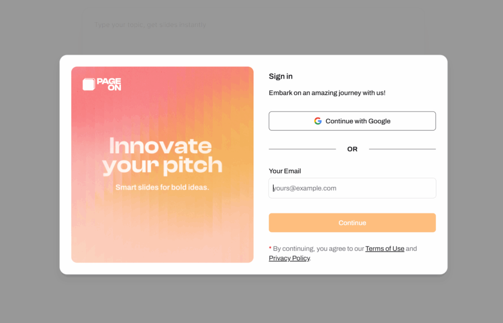 Tela inicial do painel de usuário do PageOn para o login