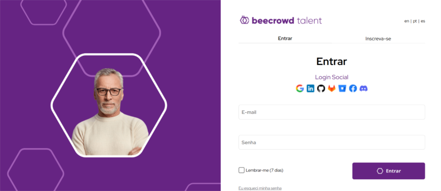 Tela de login do beecrowd talent com fundo roxo, imagem de uma pessoa à esquerda e formulário de login à direita com opções de acesso por e-mail, senha e login social como Google, LinkedIn e GitHub