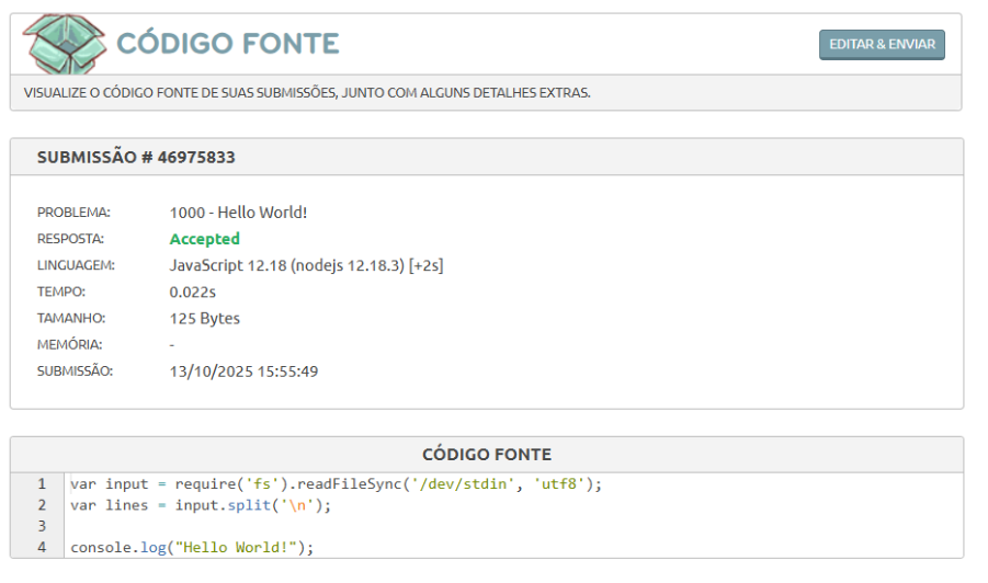 Página do beecrowd mostrando uma submissão aceita do problema 1000 'Hello World!' em JavaScript 12.18, com status 'Accepted', tempo de execução 0.022s e o código fonte exibido abaixo.
