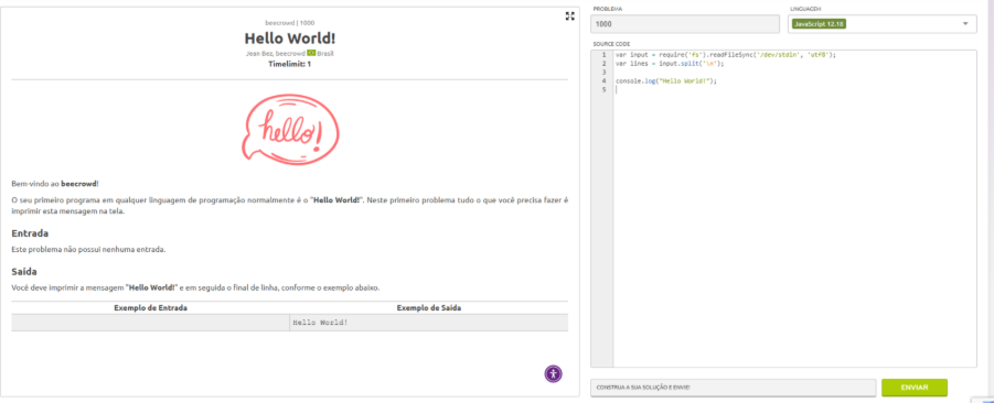 Tela do site beecrowd mostrando o problema 1000 Hello World!' com enunciado explicando que deve ser impresso 'Hello World!' e um exemplo de código em JavaScript exibido à direita.