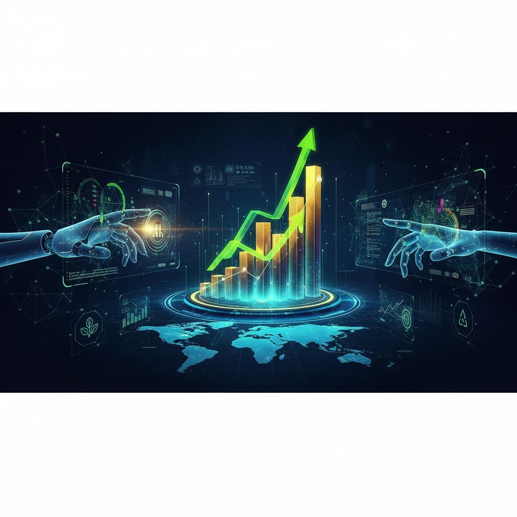 Uma mão robótica elegante interagindo com um holograma brilhante de dados complexos ou uma interface de IA generativa. Partículas de luz criativas e fluidas que formam formas abstratas ou padrões de rede neural, flutuando no ambiente, representando a IA Generativa. Símbolos sutis de sustentabilidade integrados aos displays de dados. Uma silhueta humana translúcida ou uma mão humana sutilmente sobrepondo ou interagindo com a tecnologia, enfatizando a governança.