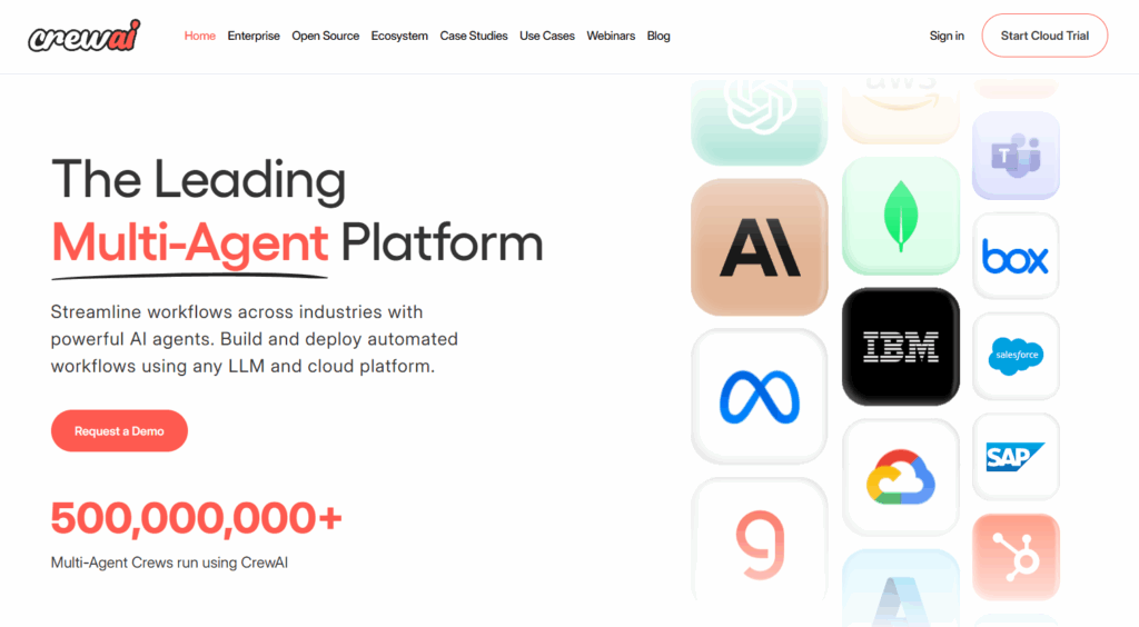 Página oficial da CrewAI destacando plataforma líder em agentes autônomos, com integração a LLMs e nuvens como OpenAI, AWS, Google Cloud e Salesforce, usada para automatizar fluxos de trabalho em escala empresarial.
