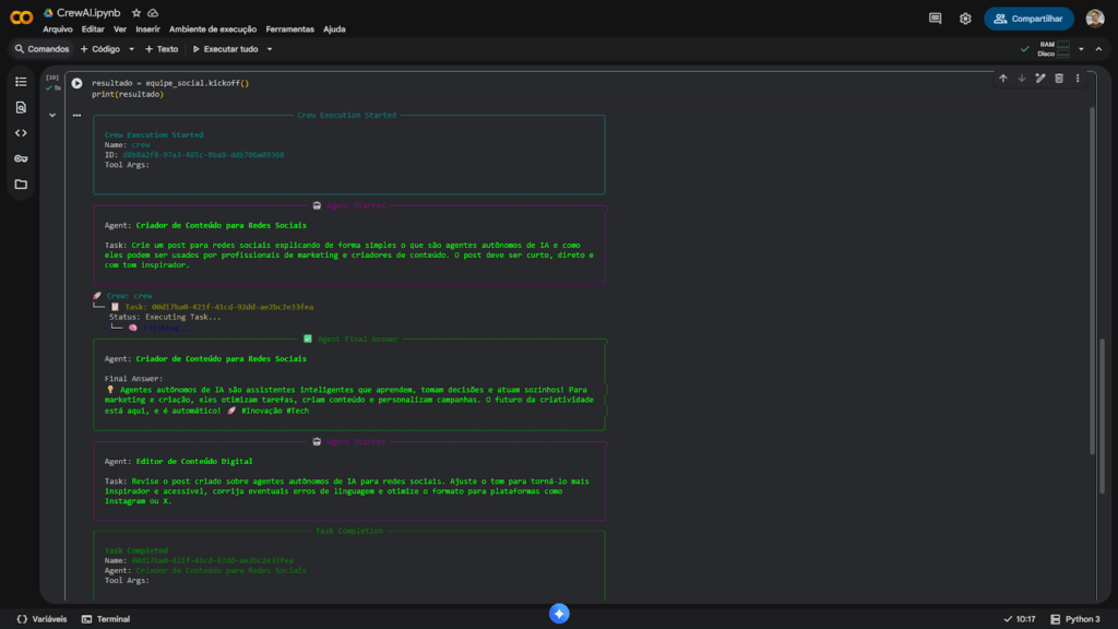 Execução de projeto CrewAI em notebook Google Colab com agentes autônomos gerando e revisando conteúdo para redes sociais, incluindo post sobre IA e revisão por editor digital.