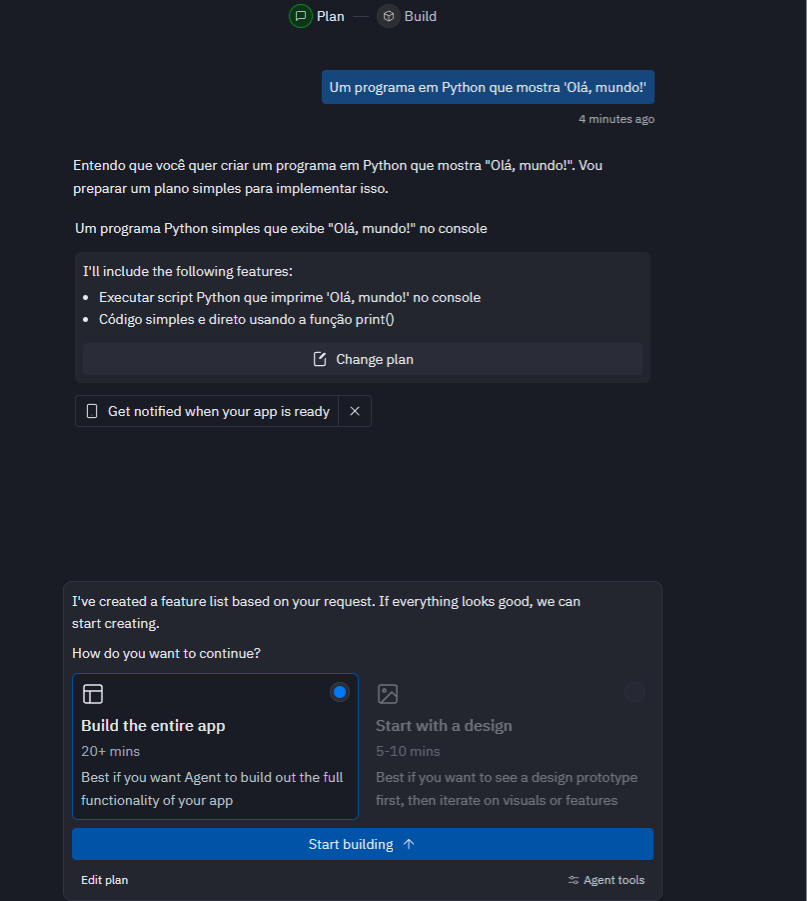 Tela do Replit mostrando o planejamento de um programa em Python que exibe “Olá, mundo!” no console. O plano inclui executar um script Python com a função print() e há opções para “Build the entire app” ou “Start with a design”, com o botão “Start building” destacado.