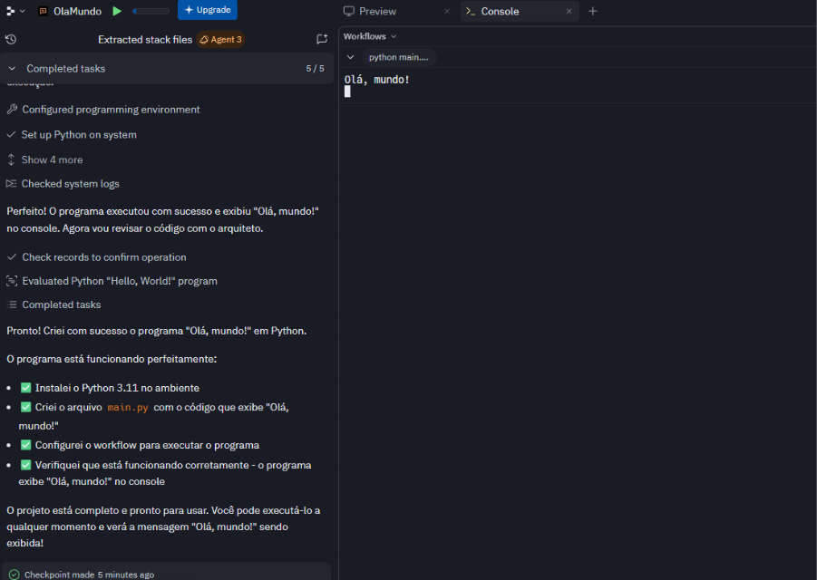 Tela do Replit mostrando o projeto “OlaMundo” concluído. À esquerda, há uma lista de tarefas marcadas como completas, incluindo instalação do Python 3.11, criação do arquivo main.py, configuração do workflow e verificação da execução. À direita, o console exibe o resultado “Olá, mundo!”
