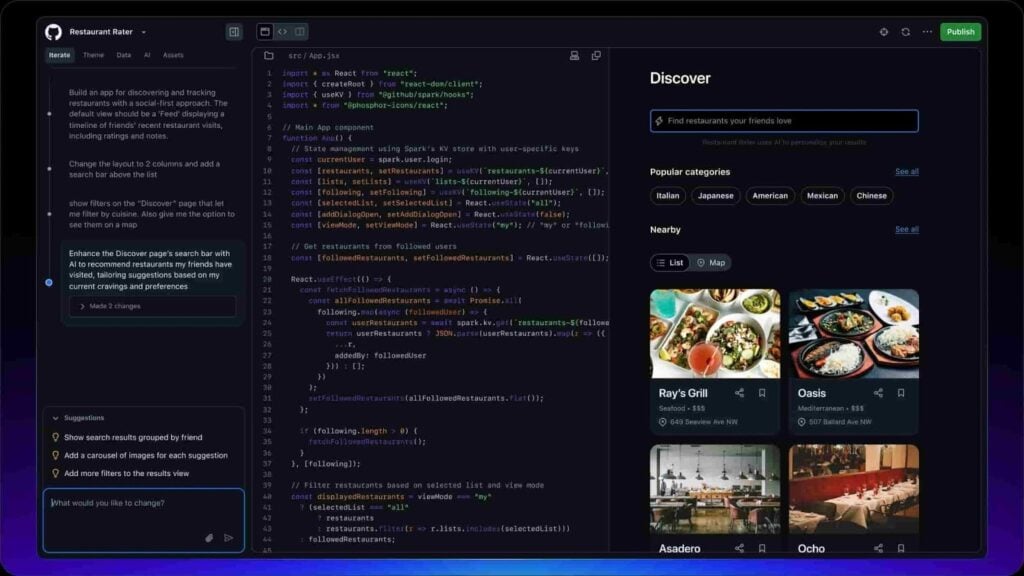Captura de tela da interface do GitHub Spark, mostrando a divisão em três painéis: chat de iteração, editor de código (React/TypeScript) e a visualização em tempo real (Live Preview) de um aplicativo de busca de restaurantes.