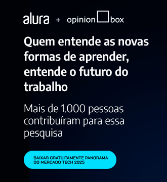 Banner da pesquisa Alura com Opinion Box sobre o futuro do trabalho e da educação. A imagem destaca que mais de mil pessoas participaram do estudo e traz dados sobre capacitação profissional, ensino a distância e impacto da inteligência artificial nas carreiras. O banner convida para baixar gratuitamente o Panorama do Mercado Tech 2025.