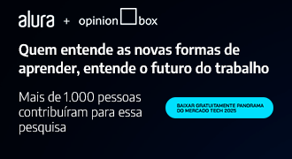 Banner da pesquisa Alura com Opinion Box sobre o futuro do trabalho e da educação. A imagem destaca que mais de mil pessoas participaram do estudo e traz dados sobre capacitação profissional, ensino a distância e impacto da inteligência artificial nas carreiras. O banner convida para baixar gratuitamente o Panorama do Mercado Tech 2025.