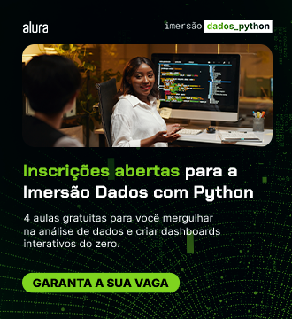 Banner da Imersão Dados com Python da Alura convidando a aprender análise de dados com Python gratuitamente. A imagem anuncia quatro aulas online, certificado Alura para o currículo e acesso a uma comunidade exclusiva no Discord. O texto incentiva a se tornar referência em análise de dados com Python e traz um botão com a chamada “Aprenda gratuitamente”.