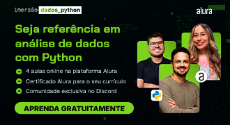 Banner da Imersão Dados com Python da Alura convidando a aprender análise de dados com Python gratuitamente. A imagem anuncia quatro aulas online, certificado Alura para o currículo e acesso a uma comunidade exclusiva no Discord. O texto incentiva a se tornar referência em análise de dados com Python e traz um botão com a chamada “Aprenda gratuitamente”.