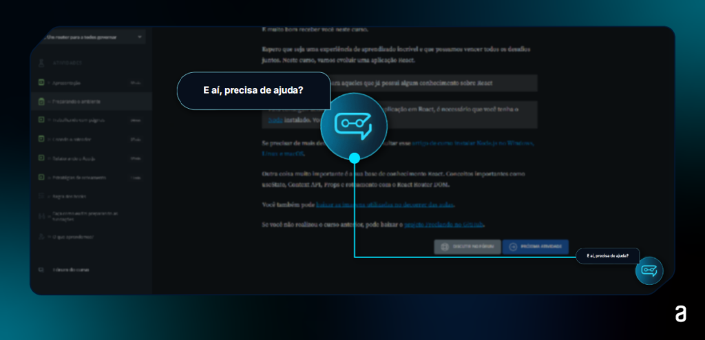 Interface da plataforma Alura com foco no botão flutuante da Luri, a inteligência artificial da escola. O ícone aparece em destaque no centro e no canto inferior direito, acompanhado pelo balão de fala: "E aí, precisa de ajuda?", oferecendo suporte instantâneo durante a aula de React