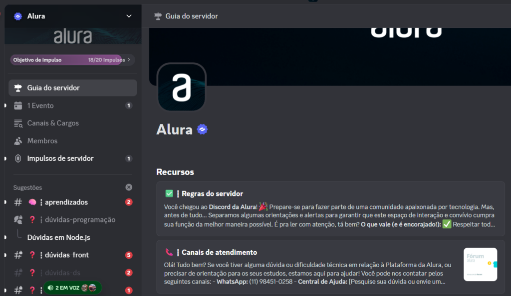 Imagem mostrando a pagina inicial do servidor de discord da Alura