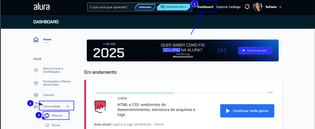 Dashboard da plataforma Alura com destaque numerado para o menu ‘Dashboard’, 'Comunidade' e o link do 'Discord' na lateral esquerda.